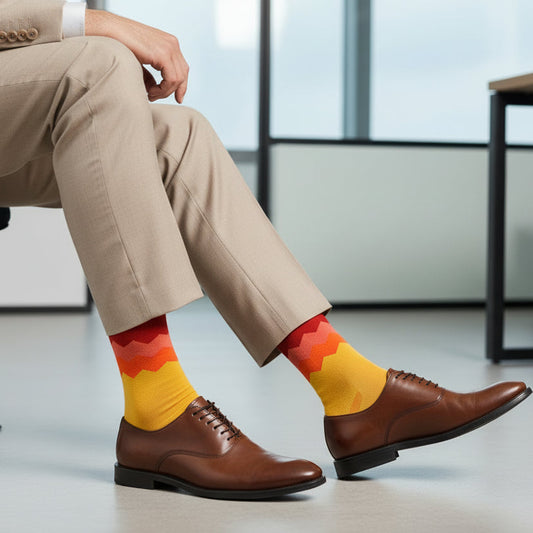 Person wearing beige pants and brown shoes with colorful socks in an office setting