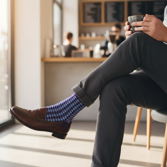 Person sitting in a cafe wearing houndstooth patterned cotton socks and holding a cup.