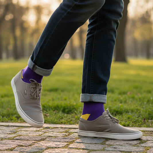 Person wearing gray sneakers and dark jeans with purple cotton socks featuring a yellow design, standing on a paved path in a park.