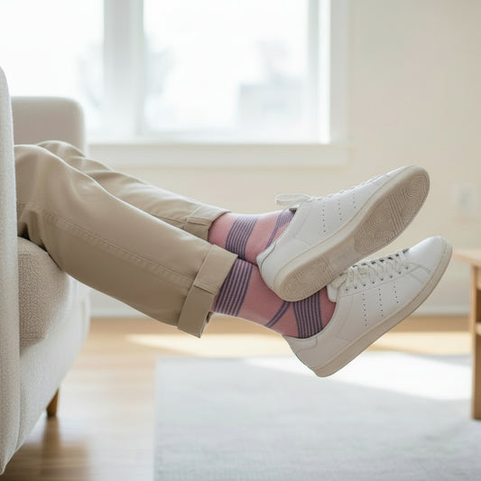 Person wearing white sneakers and striped socks sitting on a couch with a light background