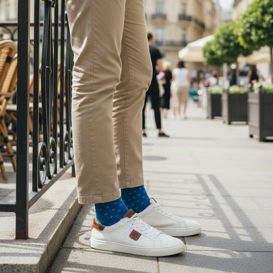Person wearing beige pants, white sneakers, and blue cotton cross socks on a city street.