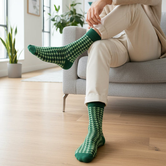 Person sitting on a couch wearing green houndstooth patterned cotton socks in a bright living room.