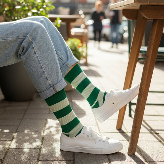 Person wearing green and white striped cotton socks with white sneakers on a sidewalk.