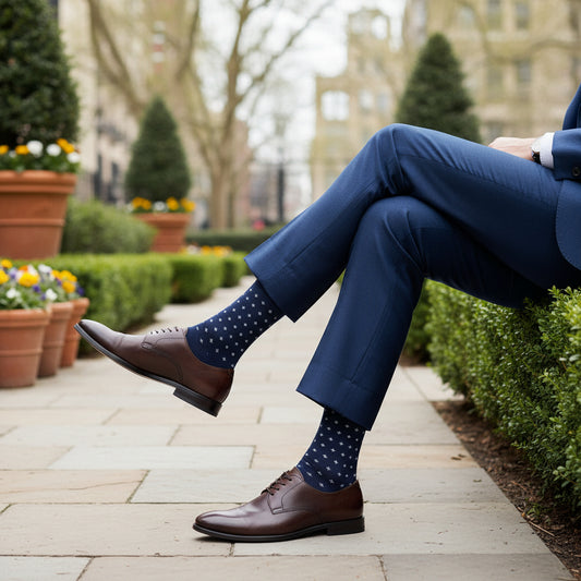 Person wearing blue pants and polka dot socks sitting outdoors with plants and buildings in the background