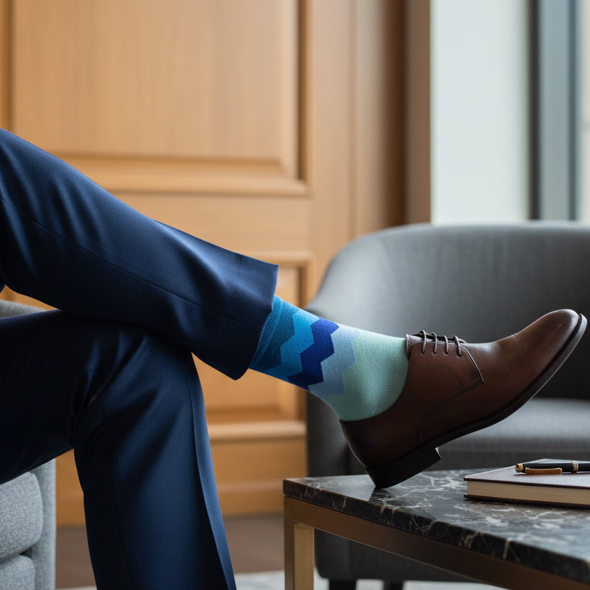 Person wearing a dark suit with colorful patterned socks in an office setting.