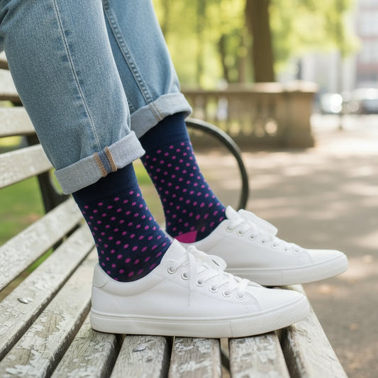 Person wearing navy cotton socks with pink polka dots and white sneakers on a wooden bench outdoors.