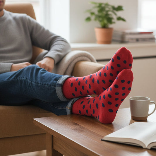 Person wearing red cotton socks with navy dots sitting on a couch with a cup and book on a table.