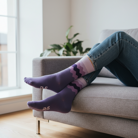 Person wearing purple patterned socks sitting on a couch with a plant in the background