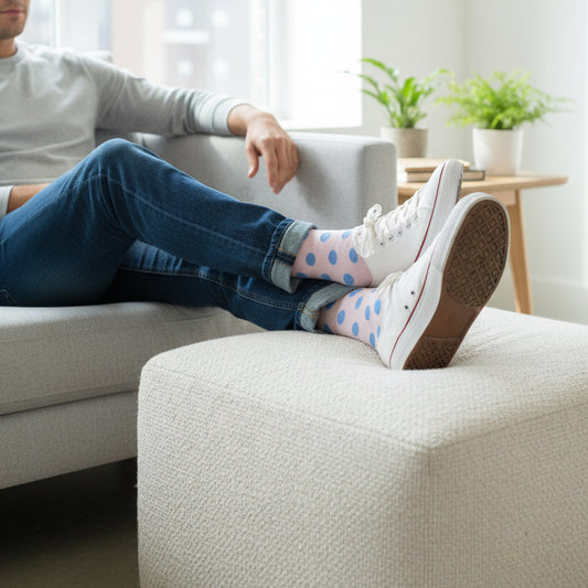 Person sitting on a couch with feet up, wearing white sneakers and pink poka dot patterned cotton socks.