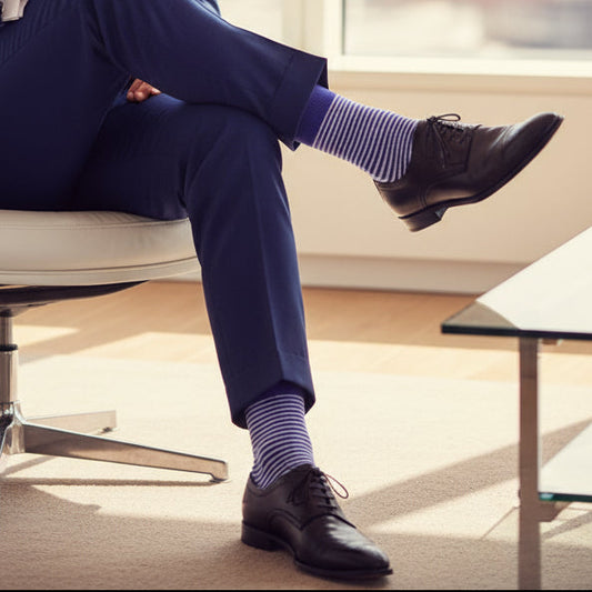 Person wearing a navy suit with black shoes and purple striped cotton socks sitting on a chair.